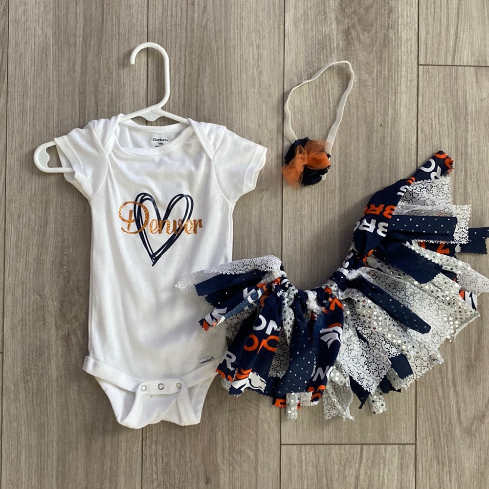 Denver Broncos onesie with fabric tied skirt and matching bow
